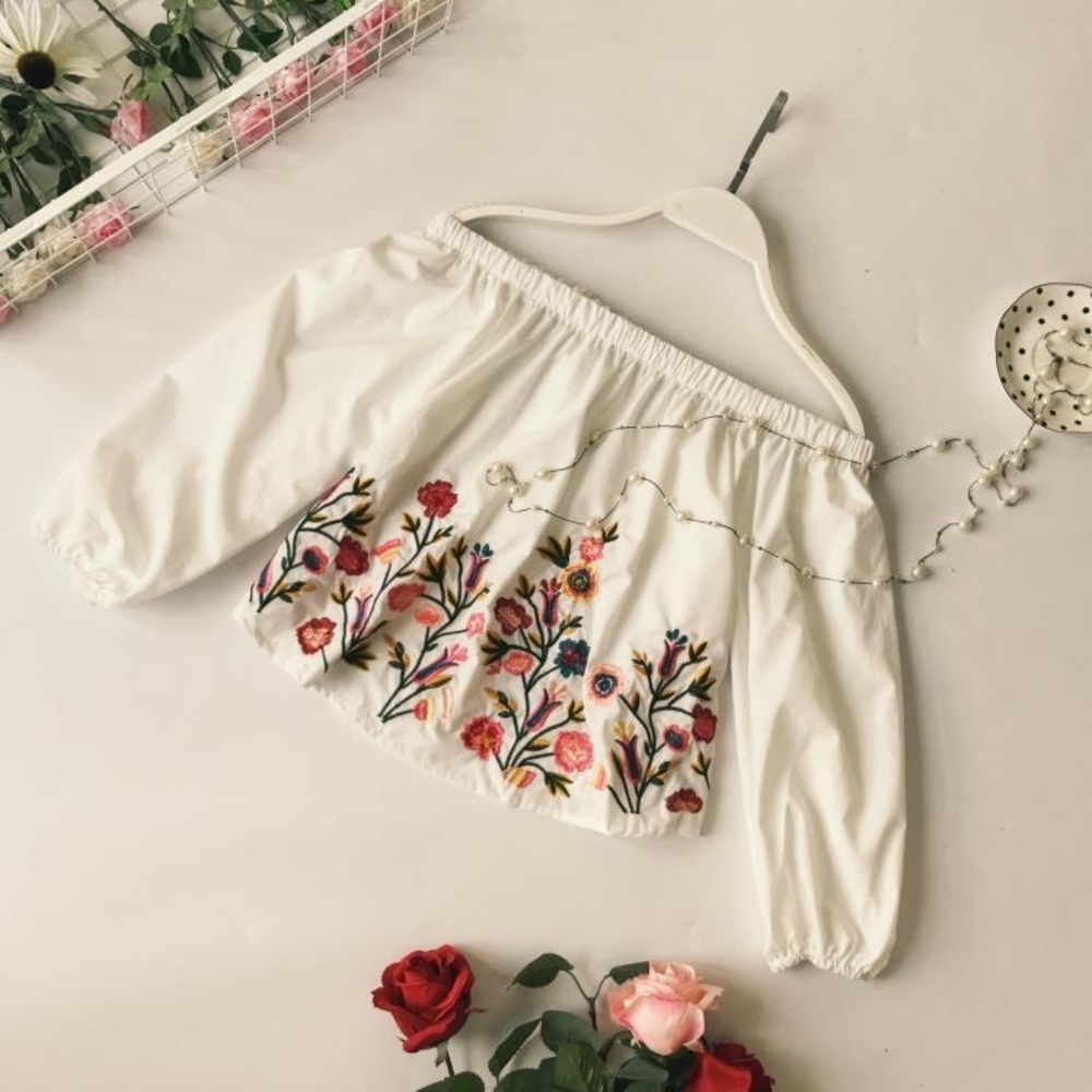 White Off-shoulder Top with Embroidery - Picture 1 of 6